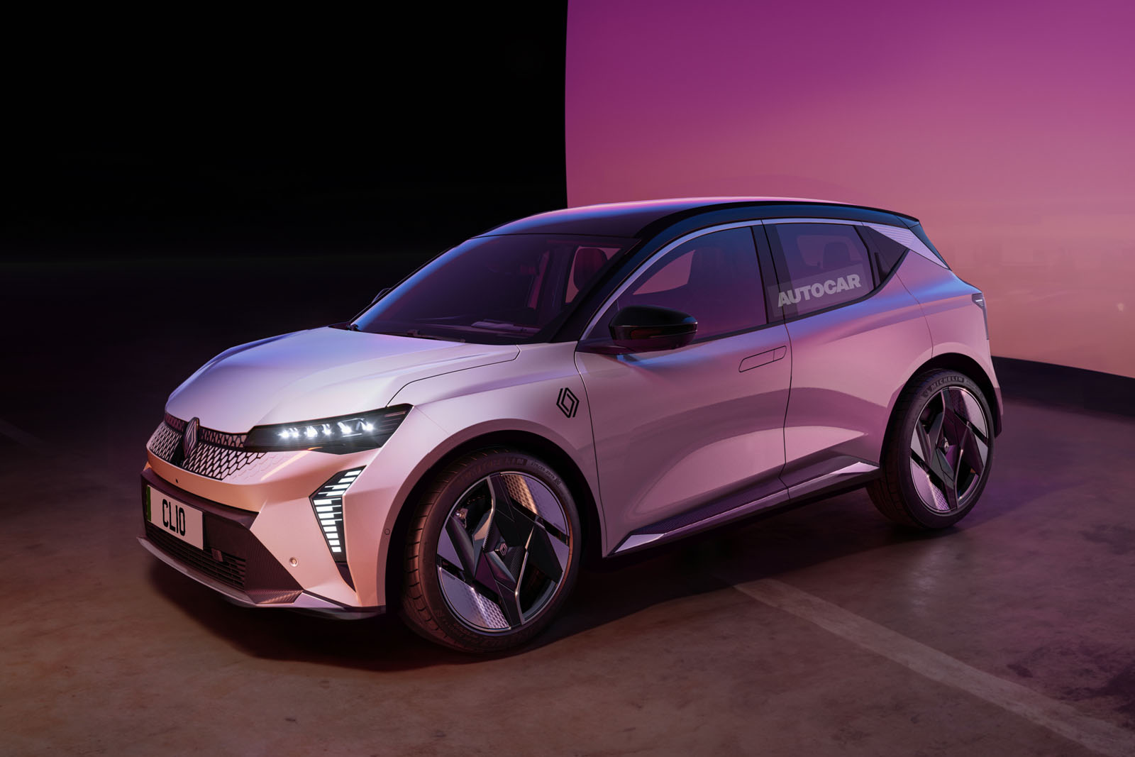 renault clio ev render autocar front quarter