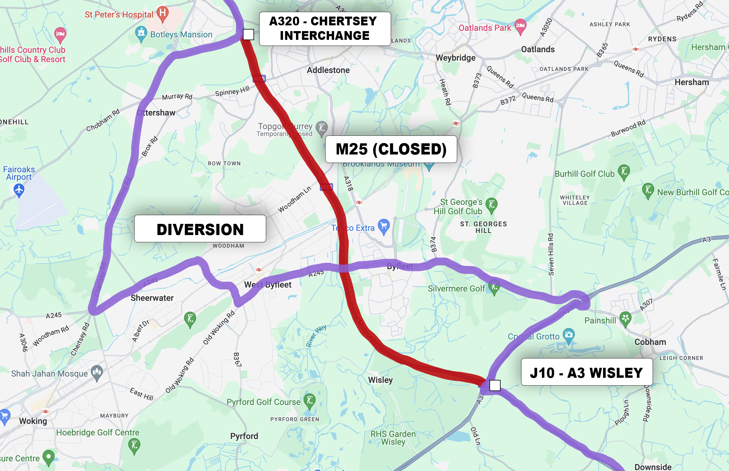 m25 closure map of the diversion